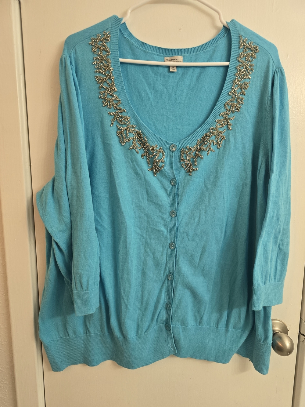 Halogen Turquoise Beaded Button-Front Top